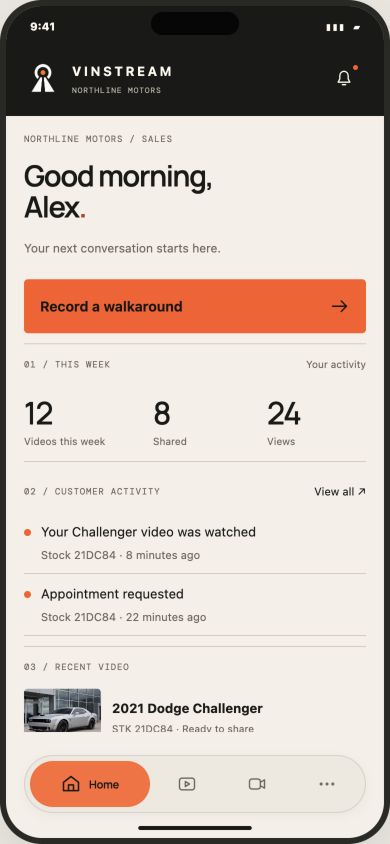 VinStream home showing recent videos, viewing activity, and appointment requests